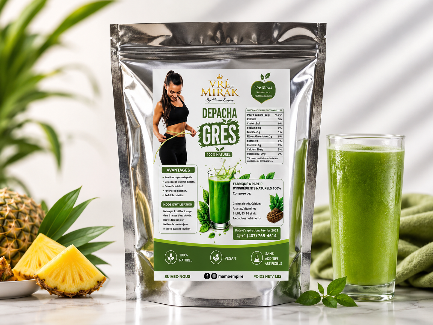 Vrè Mirak™ Depacha Grès Wellness Powder – Green Flavor (1 lb)